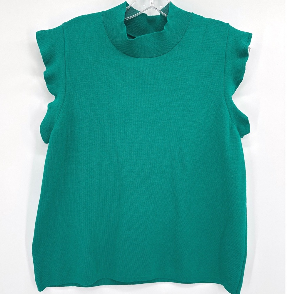 Ann Taylor Womens Knit Sweater Top Large Green Ruffle Mock Neck Sleeveless